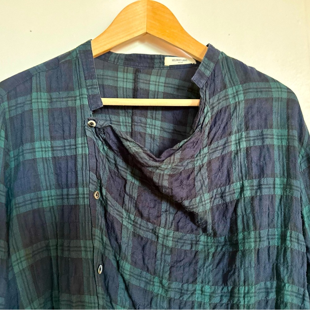 Helmut Lang cotton black watch plaid asymmetrical button down blouse